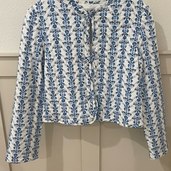 NWT Caroline Constas Bow Floral Parchwork Linen Jacket Blue/White Size Small - Picture 3 of 11